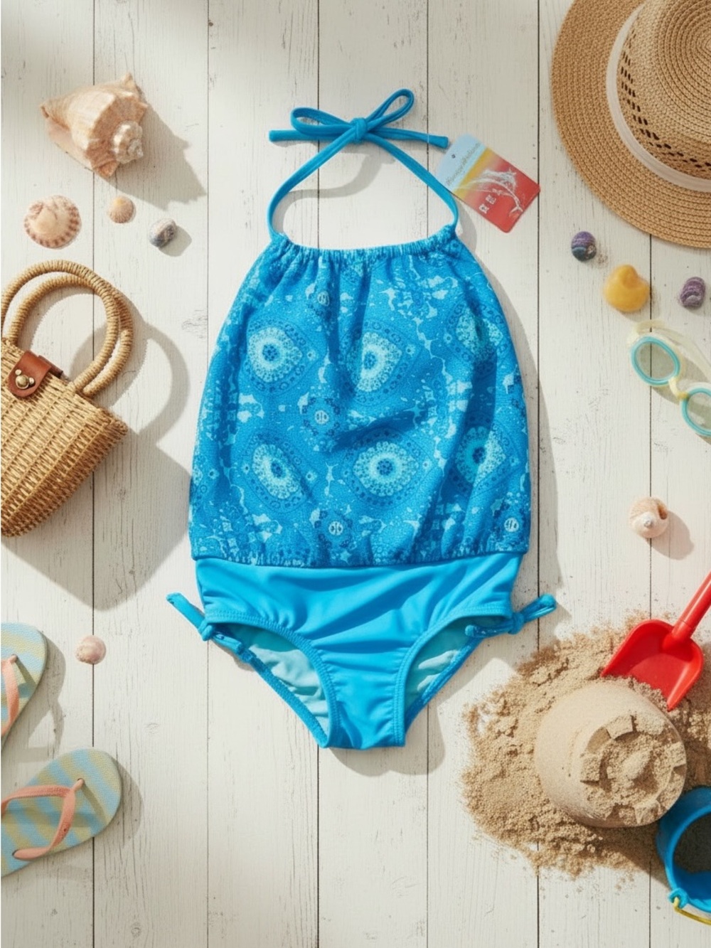 Tommy Bahama Girls' Turquoise Blue Halter One-Piece Swimsuit SPF 50